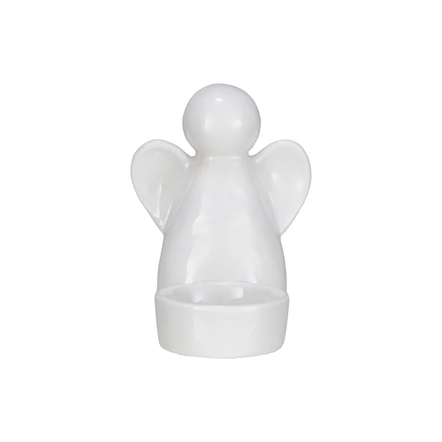 Portavelas de cerámica con forma de ángel, color blanco