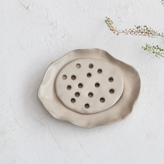 Stoneware Soap Dish w/ Removable Tray, Reactive Glaze, Beige