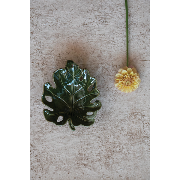 Stoneware Leaf Shaped Bowl, Reactive Glaze