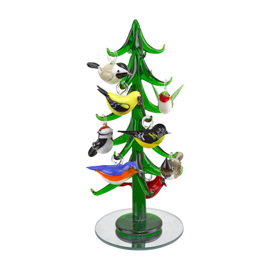 Miniature Evergreen Glass Tree, 8 Bird Ornaments