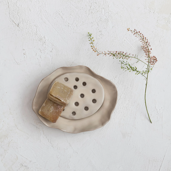 Stoneware Soap Dish w/ Removable Tray, Reactive Glaze, Beige