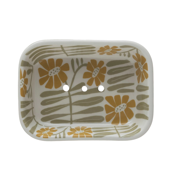 Hand-Stamped Stoneware Soap Dish w/ Flowers