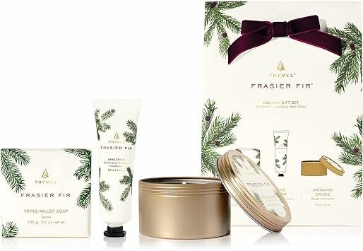 Set de regalo Thymes Crema de mano + Vela de viaje + Barra de jabón Frasier Fir