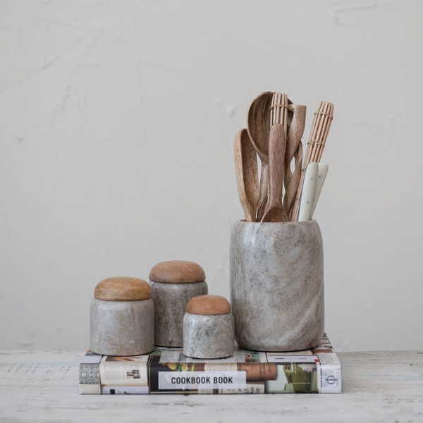 Cofre Mini de mármol con tapa de madera de mango - Creative Co-Op