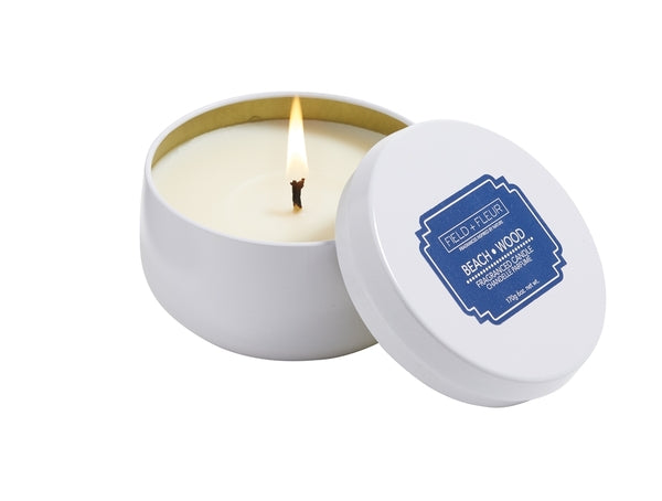 Beach Wood candle in white tin 6oz.