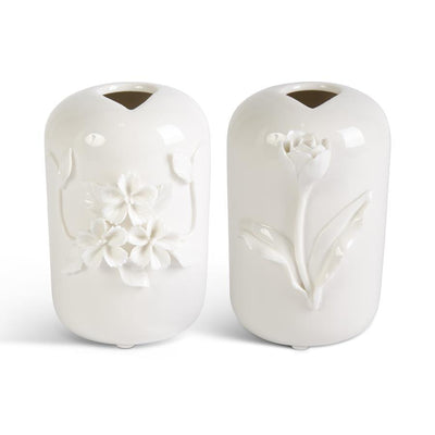 ASSORTED TALL WHITE CERAMIC VASE W/RAISED FLOWERS - JARRÓN DE CERÁMICA