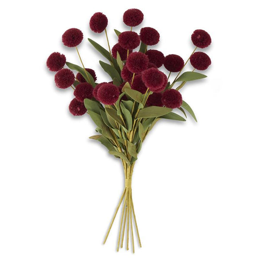 Burgundy Pompom Pick w/Green Eva Leaves - Pompones