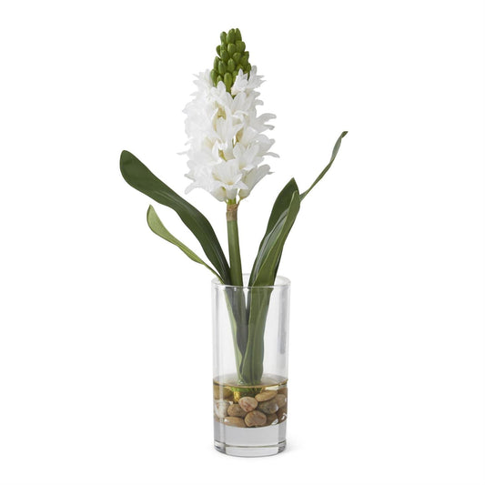 White Hyacinth Premade In Glass Vase with Pebbles & Faux Water - Jacinto Blanco en Jarrón