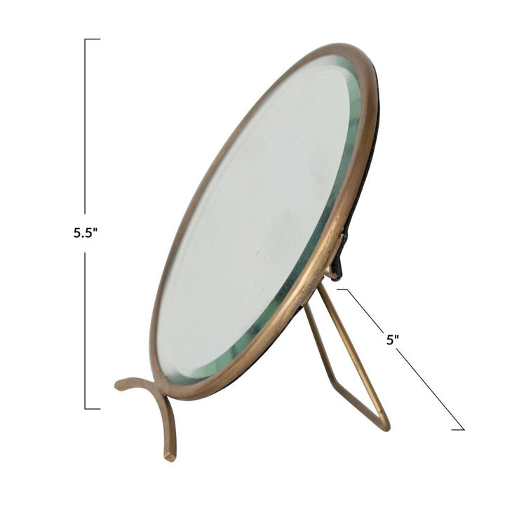 5" Round 5-1/2"H Brass Mirror w Stand, Antique Finish / Espejo redondo