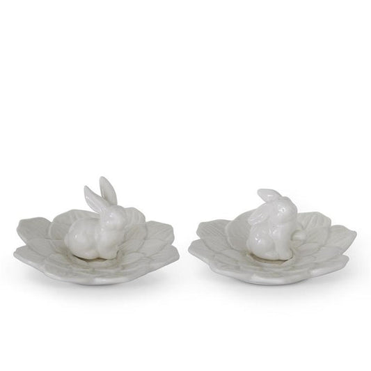 ASSORTED 5.75 INCH WHITE CERAMIC RABBIT FLOWER DISHES (2 STYLES)