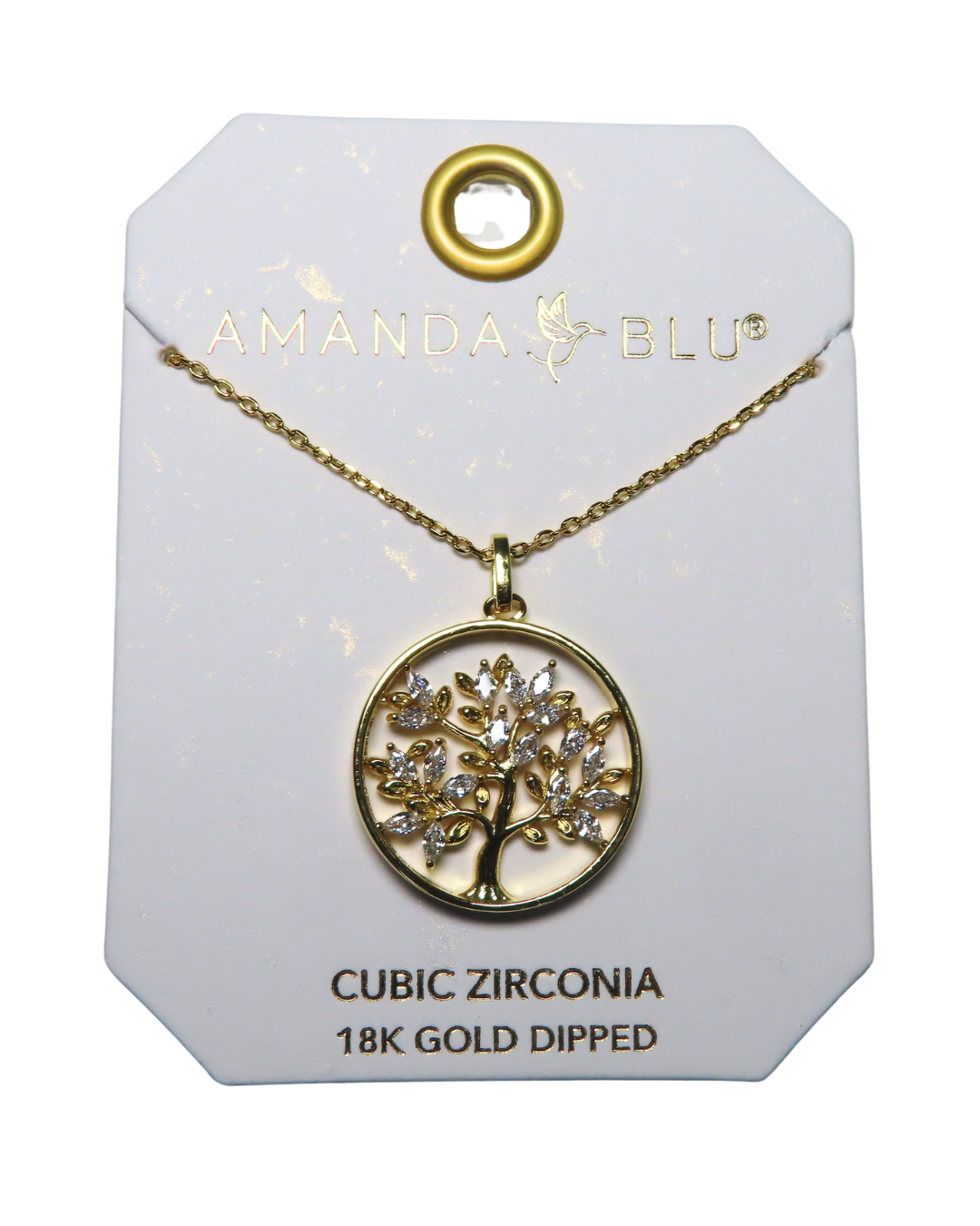 Gold CZ Family Tree Round Pendant Necklace - Collar