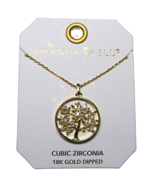 Gold CZ Family Tree Round Pendant Necklace - Collar