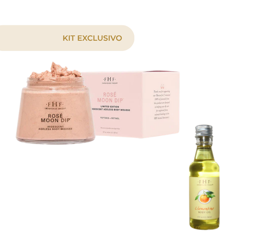 Mousse corporal iridiscente antiedad Rosé Moon Dip® de edición limitada + Clementine Body Oil 1.7 OZ