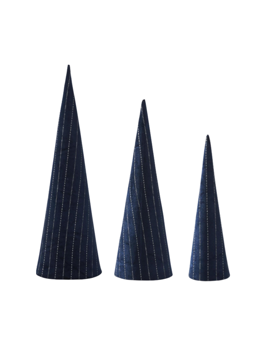 Silver Striped Navy Blue Velvet Nesting Cones Trees