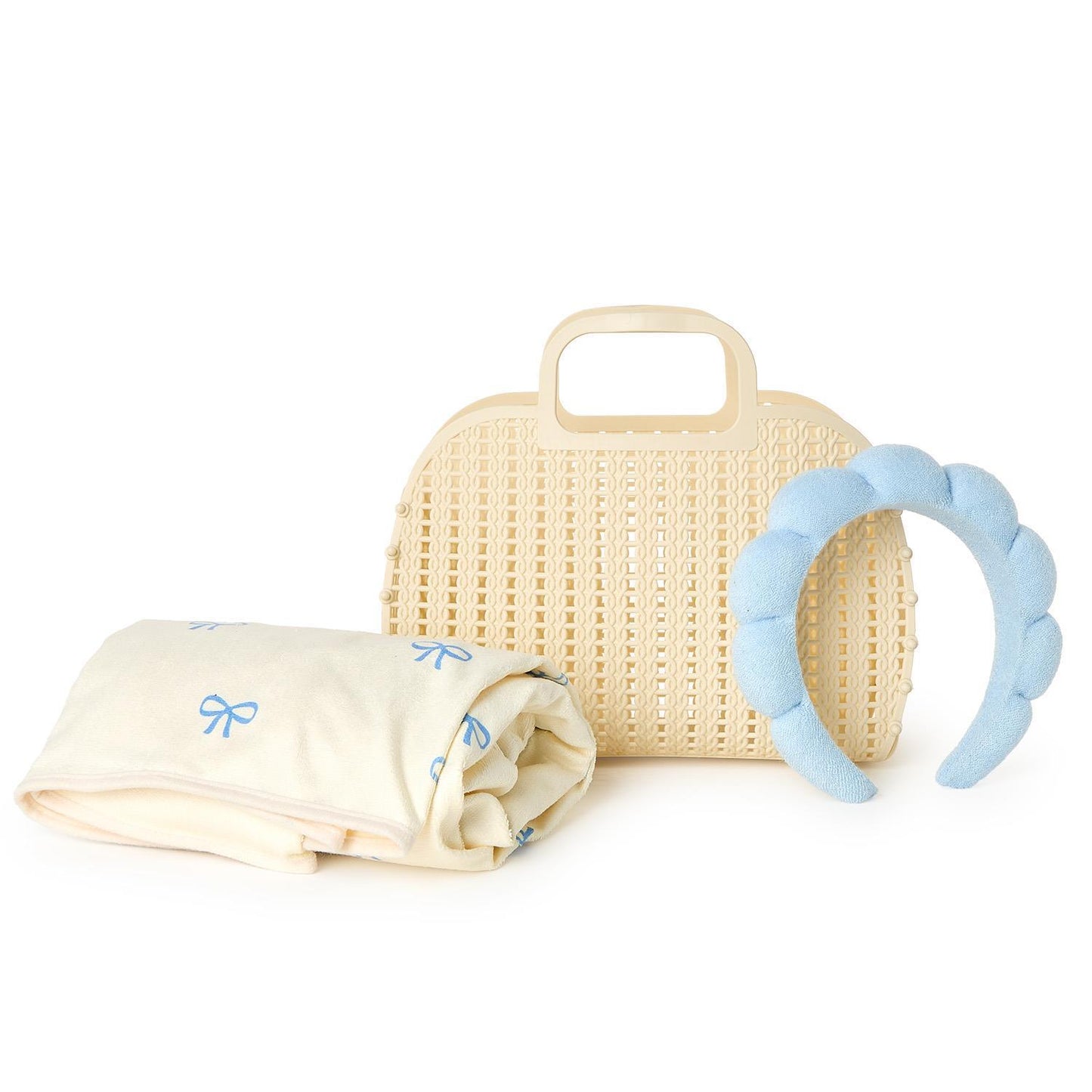 Coquette Spa Time Headband and Snap Closure Wrap Towel Set Assorted 2 Bow Print Colors: Pink and Blue- Terrycloth