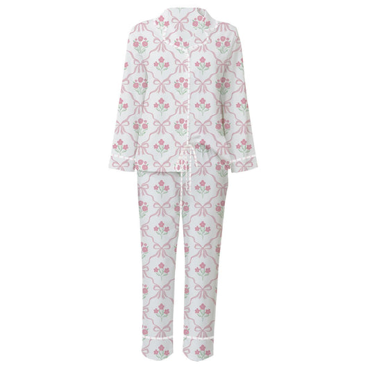 Ribbon Rose Print Cotton Printed Pajamas that Come in a Gift Bag in Coquette Pink - Cotton