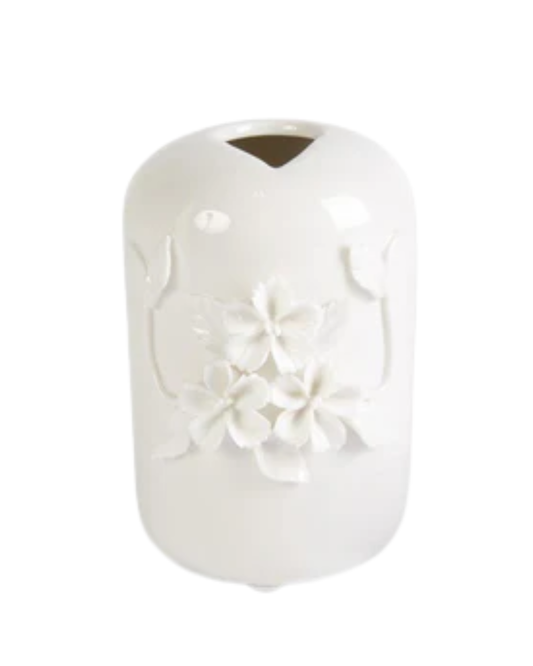 ASSORTED TALL WHITE CERAMIC VASE W/RAISED FLOWERS - JARRÓN DE CERÁMICA