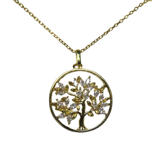 Gold CZ Family Tree Round Pendant Necklace - Collar