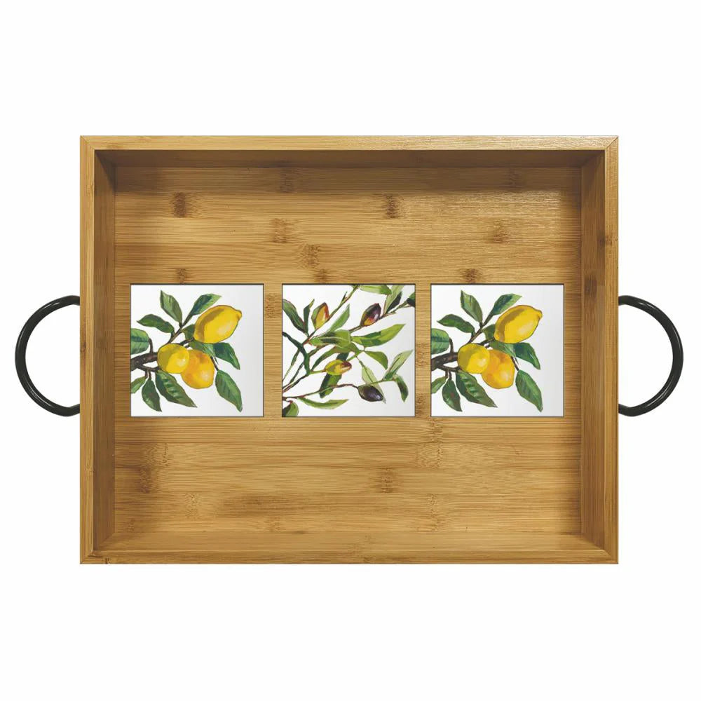 Bandeja para servir de madera de bambú con limones y aceitunas del Museo de las aceitunas