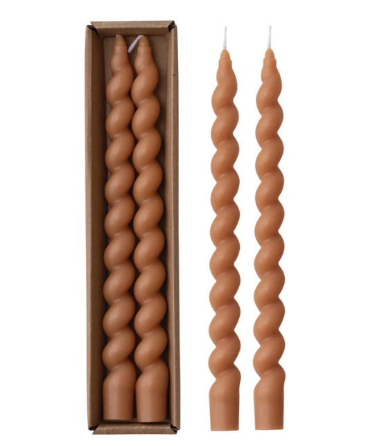 Unscented Twisted Taper Candles in Box, Tan Color, Set of 2 / Velas retorcidas sin aroma en caja, color tostado, juego de 2