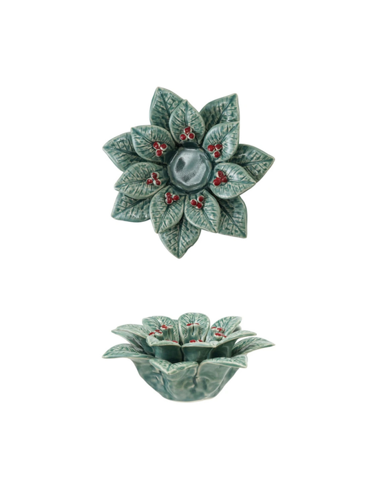 Ceramic Holly Leaves & Berries Shaped Tealight Holder - Portavela