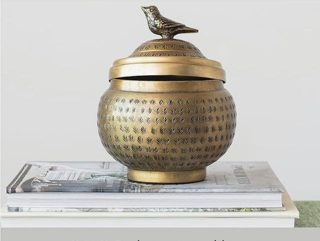 Round Hammered Metal Container with Bird Finial Brass Finish