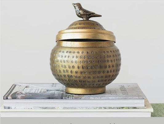 Round Hammered Metal Container with Bird Finial Brass Finish