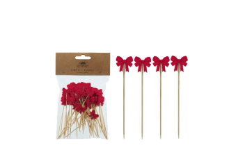 Bamboo Single Use Picks w/ Bow Shaped Handles, Natural & Red, Set of 50