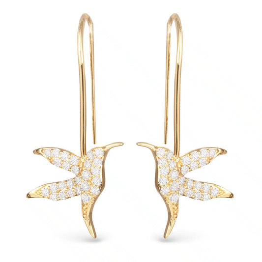 Hummingbird CZ Drop Earrings - Gold - Aretes de oro de colibríes
