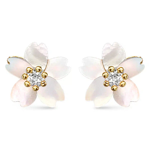 Mother of Pearl Petal Earrings with CZ Crystals - Gold - Aretes de pétalos de nácar con cristales de circonita cúbica - Oro