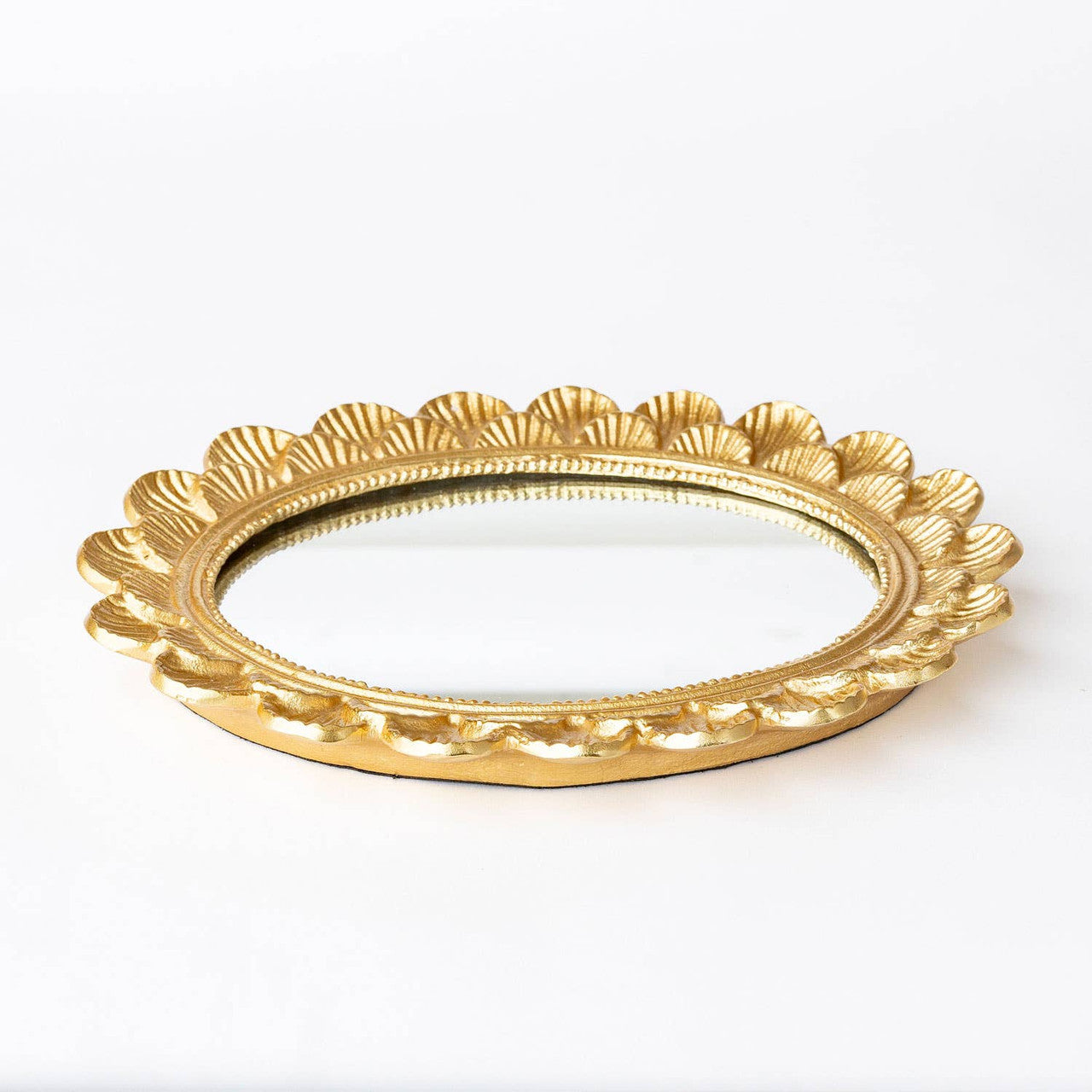 Gold Scalloped Oval Mirrored Vanity Tray