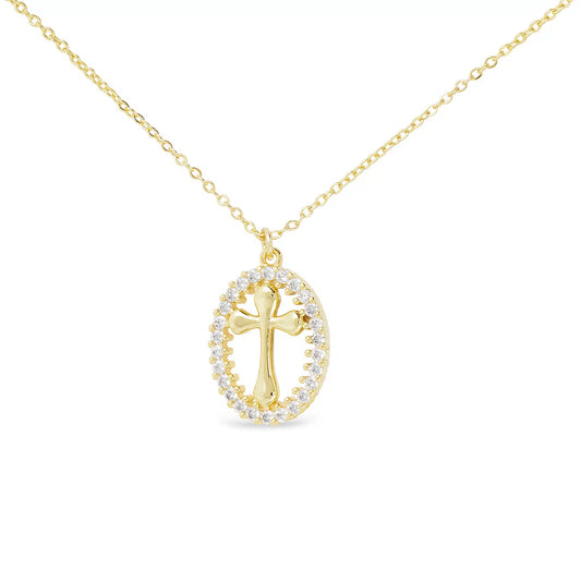 Gold CZ Oval Cross Pendant Necklace - Collar