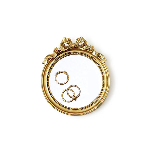 Vintage Round Mirror Trinket Tray with Accent Bow (decorative use only) - Resin/Glass