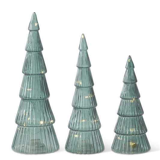 Sage Green Ribbed Glass LED Christmas Trees w/Timers - Adornos de Árbol LED
