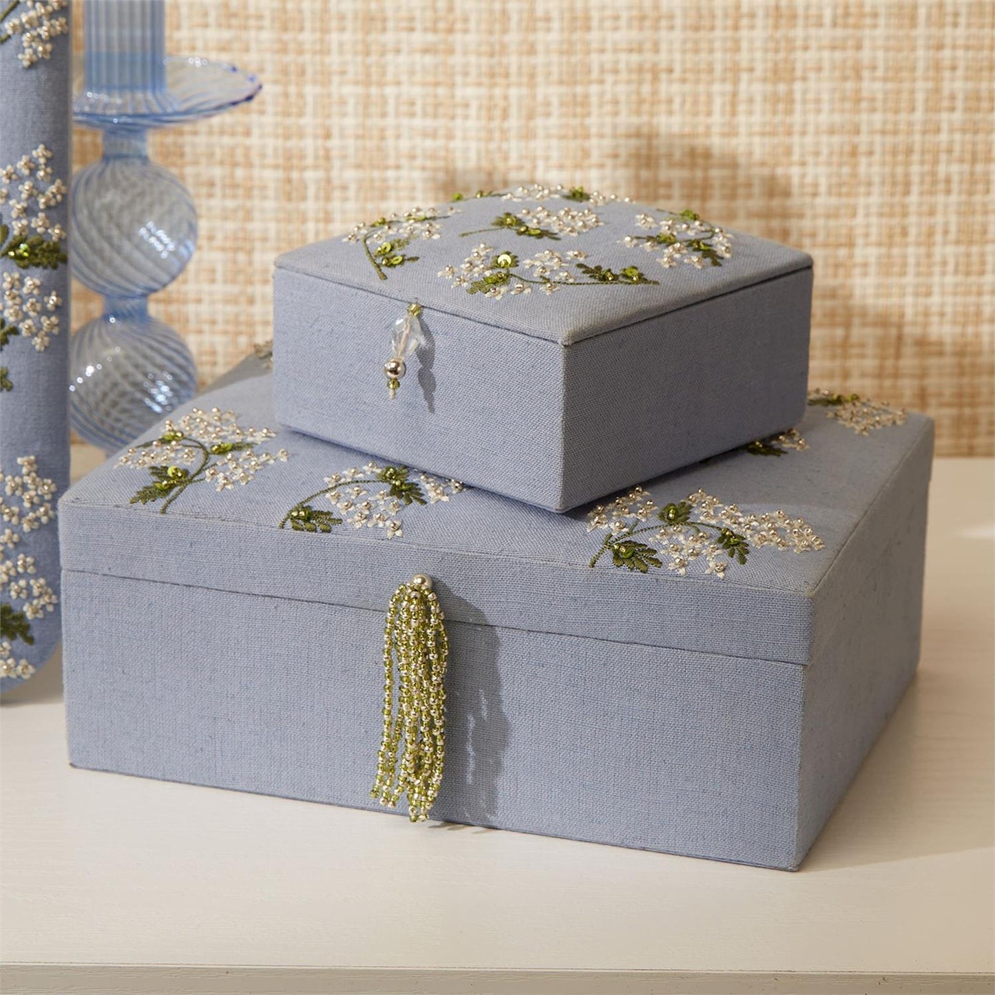 Hydrangea Embroidered and Embellished Linen Fabric Small Jewelry Box with Beaded Tassel Puller Assorted 2 Colors: Blue and White - MDF/Cotton/Glass Beads