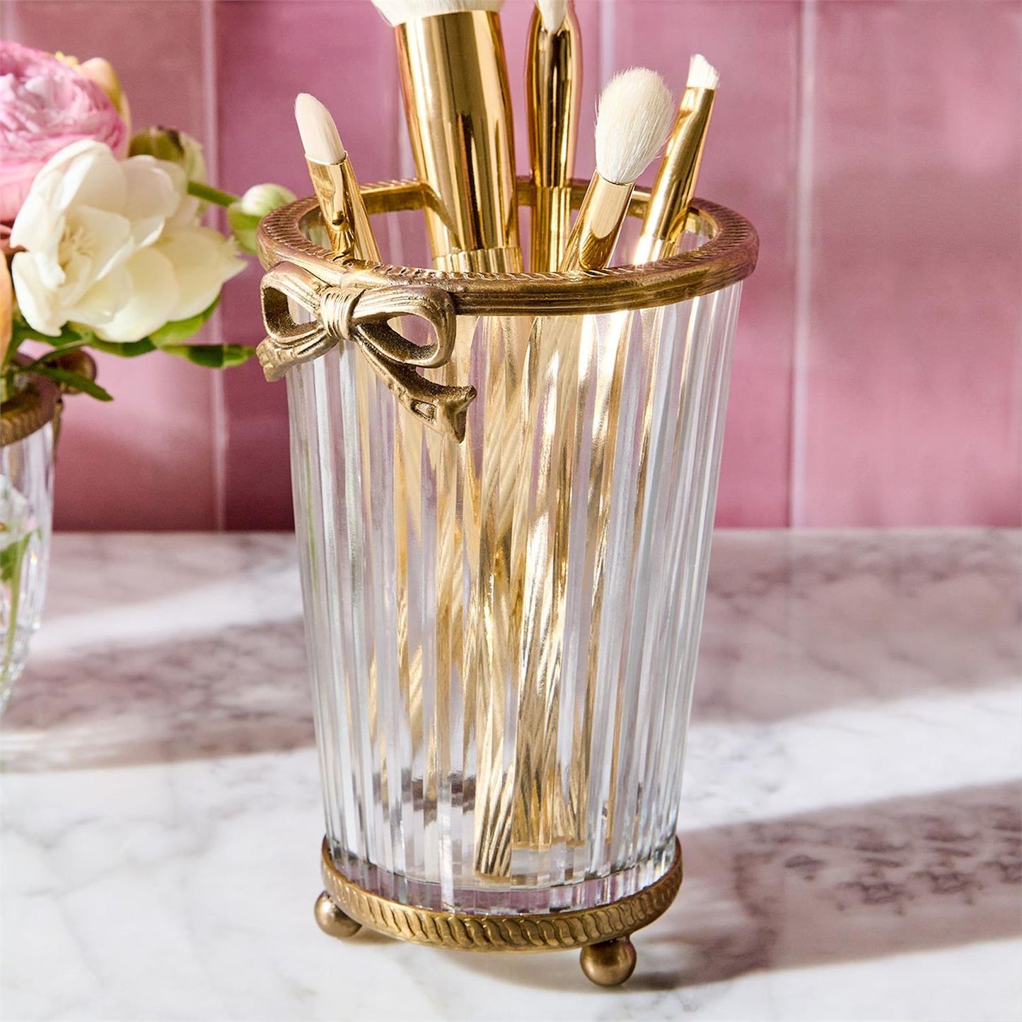 Antique Gold Finish Hand Cut Glass Vase with Bow Accent - Glass/Brass