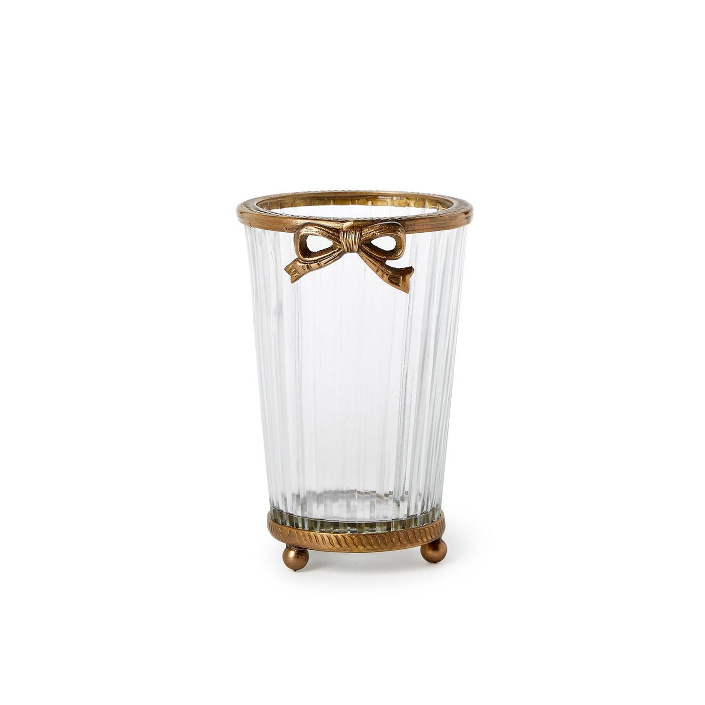 Antique Gold Finish Hand Cut Glass Vase with Bow Accent - Glass/Brass