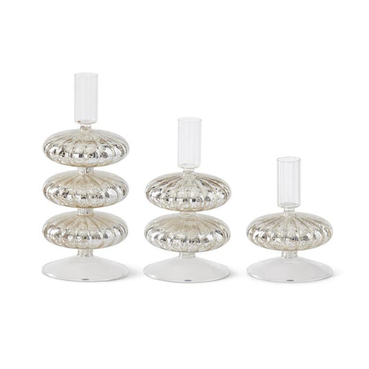 Silver Mercury Glass Taper Candleholders - Portavelas