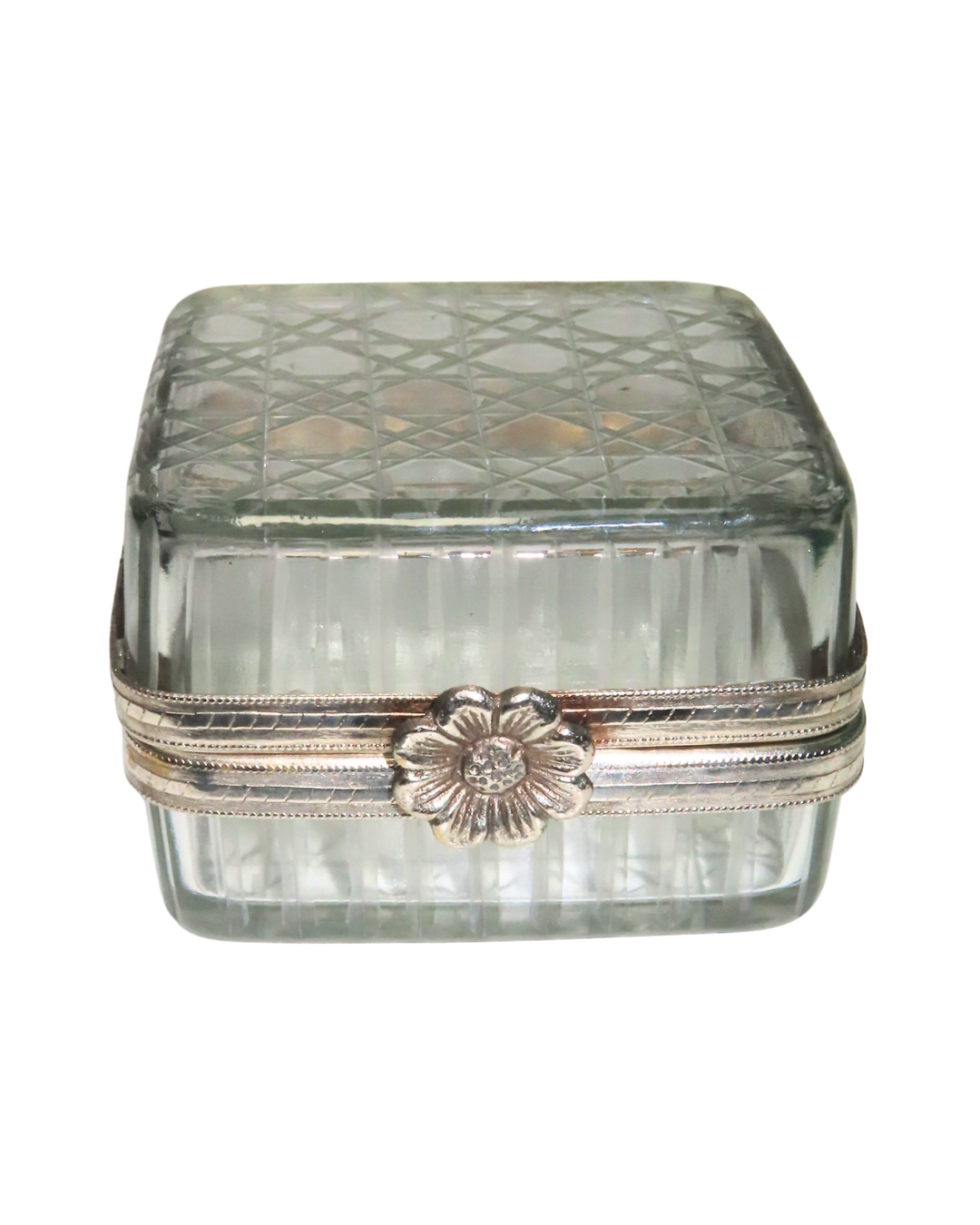 Square Glass Box With Silver Flower - Caja de Cristal con Flor Plateada