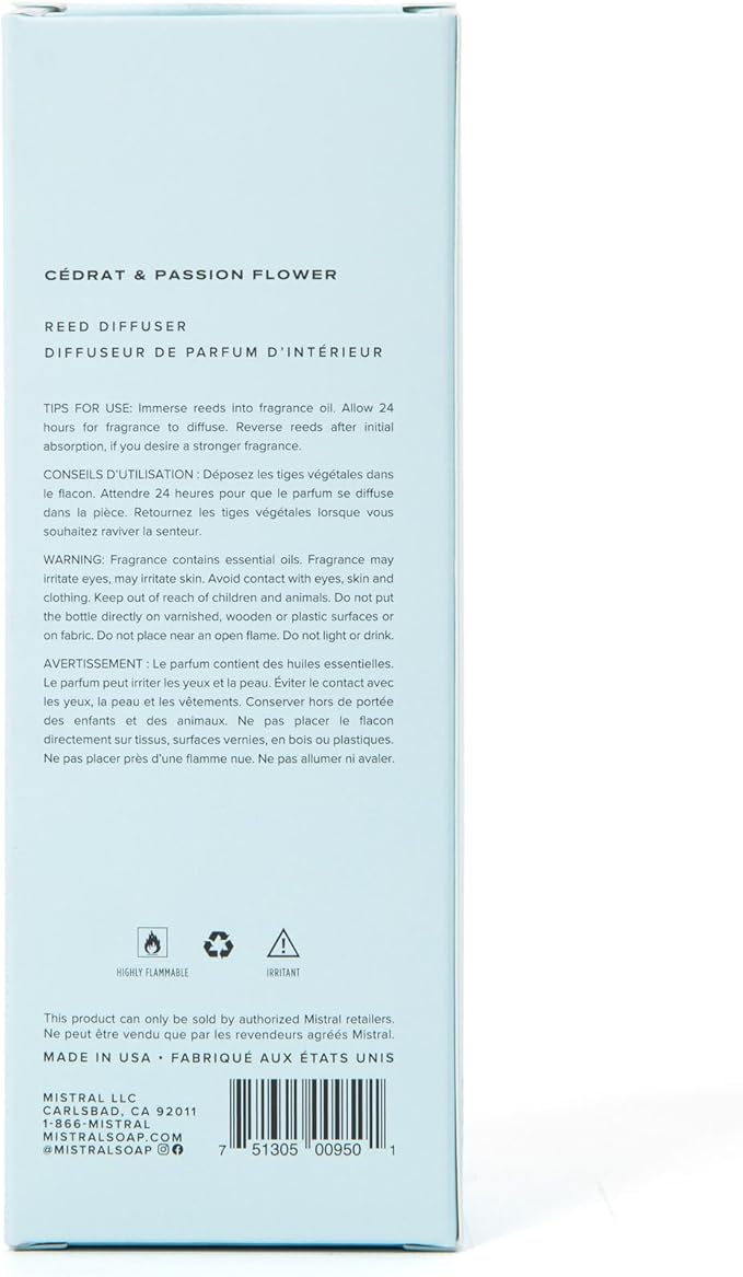 MISTRAL HOME FRAGRANCE DIFFUSER FLORA MEDITERRANEA CEDRAT & PASSION FLOWER 4 FL OZ