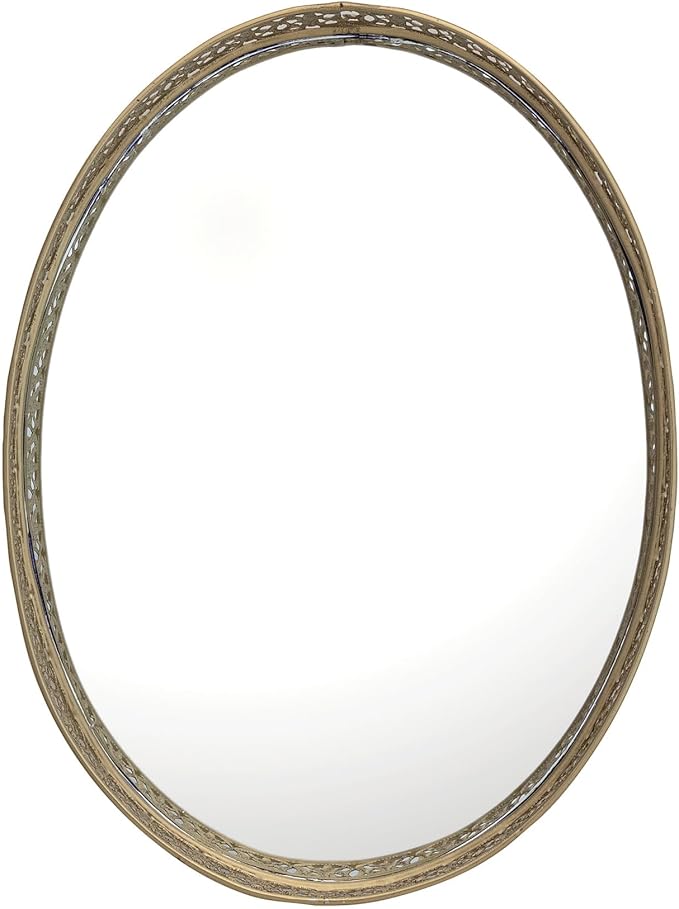 Oval Metal Filigree Footed Tray with Mirror, Gold Finish - Bandeja ovalada con espejo