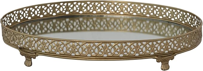 Oval Metal Filigree Footed Tray with Mirror, Gold Finish - Bandeja ovalada con espejo
