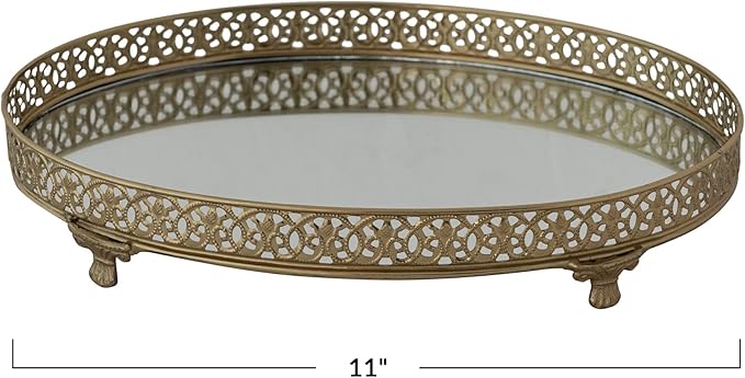 Oval Metal Filigree Footed Tray with Mirror, Gold Finish - Bandeja ovalada con espejo