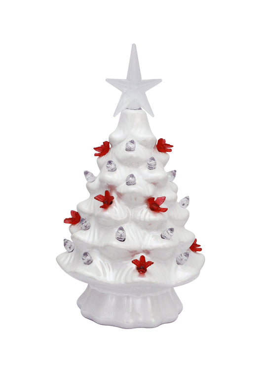 7.5" LED Ceramic Iridescent White Cardinal Tree - Adorno de Árbol LED