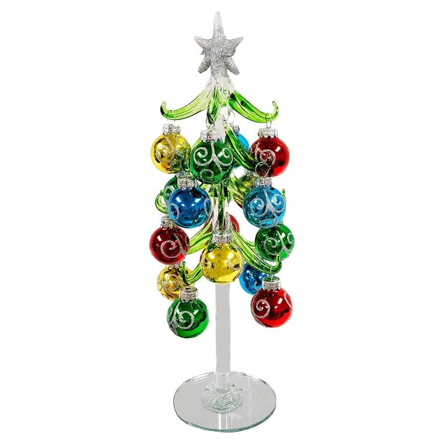 Mini Glass Christmas Tree w/ Silver Glitter Ornaments