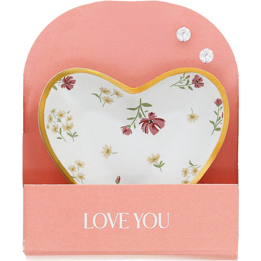 Love You 2.5" Trinket Dish & 5mm Cubic Zirconia Stud Earring Set - Juego de Aretes y Mini Joyero