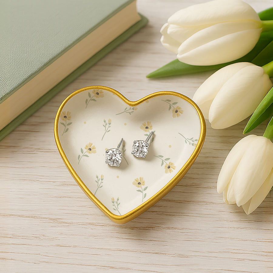 Forever Friends 2.5" Trinket Dish & 5mm Cubic Zirconia Stud Earring Set - Juego de Aretes y Mini Joyero