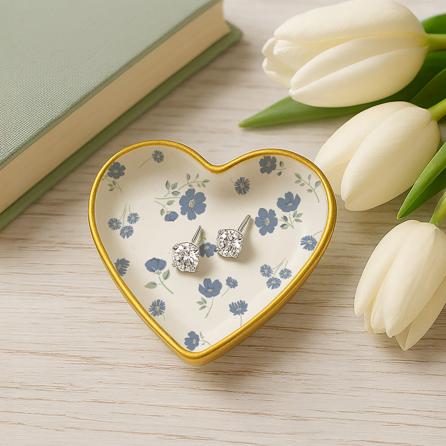 The Best 2.5" Trinket Dish & 5mm Cubic Zirconia Stud Earring Set - Juego de Aretes y Mini Joyero
