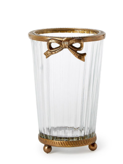 Antique Gold Finish Hand Cut Glass Vase with Bow Accent - Glass/Brass