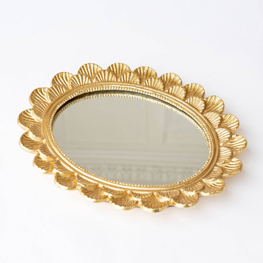 Gold Scalloped Oval Mirrored Vanity Tray